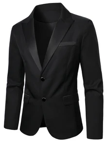 Manfinity Homme طقم بليزر وبنطلون رجالي أنيق بمقاسات كبيرة مع ياقة عريضة وأكمام طويلة - الأسود - مشاهدة 5