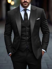 Manfinity Homme طقم بليزر وبنطلون رجالي أنيق بمقاسات كبيرة مع ياقة عريضة وأكمام طويلة - الأسود - مشاهدة 1
