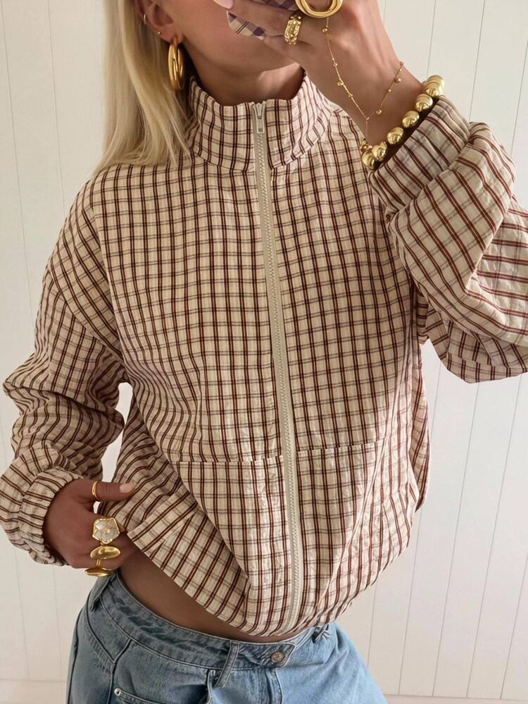 SHEIN EZwear Autumn Women's Regular Plaid Woven Jacket Back-To-School Student Brown Plaid Casual Streetstyle Vintage Retro 90s Streetwear Night School Teacher - Coffee Brown - View 6