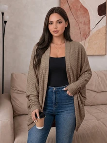 SHEIN Frenchy 大尺碼休閒寬鬆羅紋刷毛針織開襟外套 - 棕色 - 查看 8