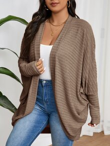 SHEIN Frenchy 大尺碼休閒寬鬆羅紋刷毛針織開襟外套 - 棕色 - 查看 4