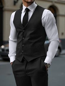 Manfinity Homme British Business Style Men's Plus Size Vest And Trousers Suit Set - Black - View 3