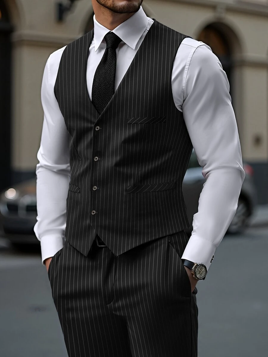Manfinity Homme Setelan Jas Pria Ukuran Besar Gaya Bisnis Inggris, Rompi dan Celana Panjang - Hitam - View 1