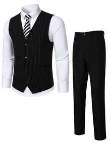 Manfinity Homme British Business Style Men's Plus Size Vest And Trousers Suit Set - Black - View 1