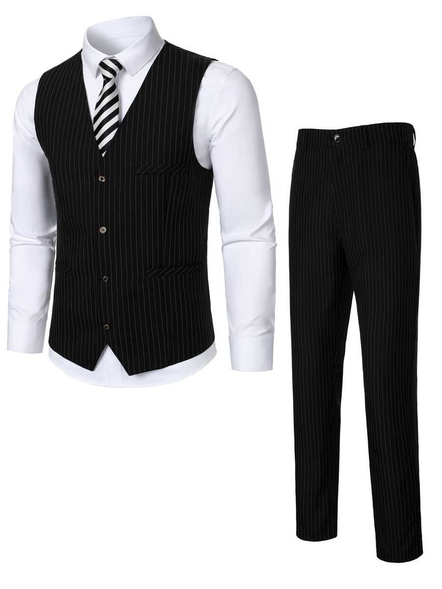 Manfinity Homme British Business Style Men's Plus Size Vest And Trousers Suit Set - Black - View 1