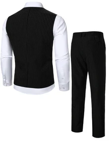 Manfinity Homme British Business Style Men's Plus Size Vest And Trousers Suit Set - Black - View 2