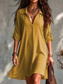 SHEIN Tall CURVE 大码女式法式休闲夏季V领短袖连衣裙 - 鵝黃色 - 查看 2