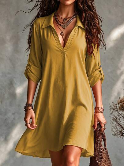 SHEIN Tall CURVE Plus Size Women French Style Mustard Yellow Summer Smart Casual Hiking Office Dinner Teachers' Day Formal V-Neck Short Sleeve Minimalist Linen Dress