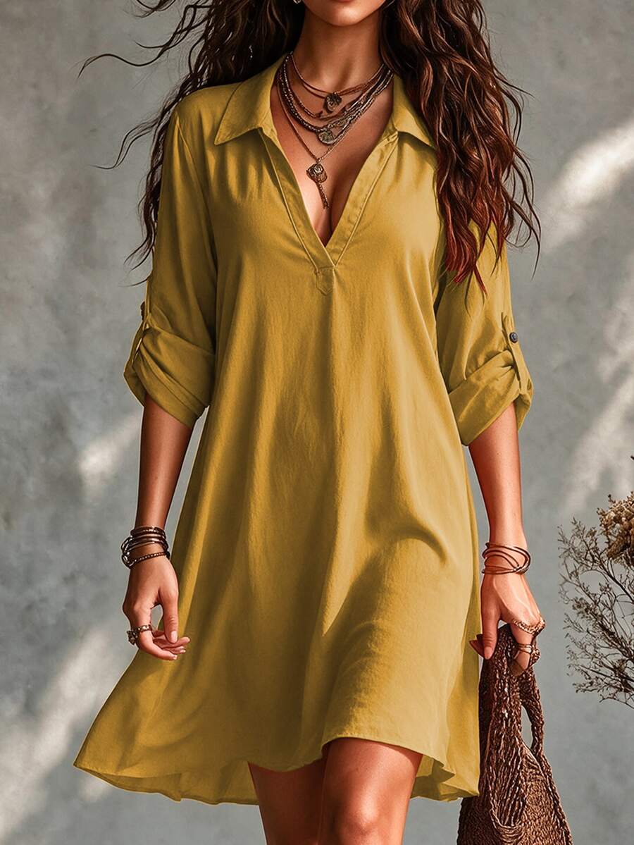 SHEIN Tall CURVE 大码女式法式休闲夏季V领短袖连衣裙