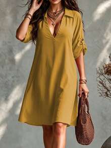 SHEIN Tall CURVE 大码女式法式休闲夏季V领短袖连衣裙 - 鵝黃色 - 查看 4