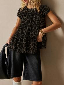 Freevana Women's Leopard Print Pleated Casual Vintage Versatile Daily Wear Shirt Vacation Grey Leopard Print - Brown - View 5