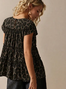 Freevana Women's Leopard Print Pleated Casual Vintage Versatile Daily Wear Shirt Vacation Grey Leopard Print - Brown - View 2