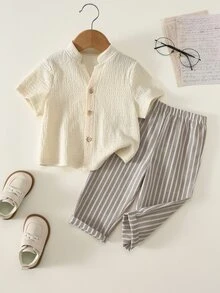 SHEIN Baby Boy, Toddler 2pcs Spring/Summer Casual Vacation Style V-Neck Shirt Set, Baby Summer Clothes/Outfit Set, Fall Clothes/Outfit Sets,Back To School - Apricot - View 4