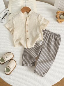 SHEIN Baby Boy, Toddler 2pcs Spring/Summer Casual Vacation Style V-Neck Shirt Set, Baby Summer Clothes/Outfit Set, Fall Clothes/Outfit Sets,Back To School - Apricot - View 5