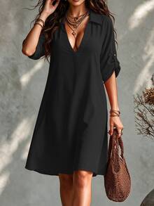 SHEIN Tall CURVE 大码女式法式休闲V领短袖夏季连衣裙 - 黑色 - 查看 3