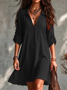SHEIN Tall CURVE 大码女式法式休闲V领短袖夏季连衣裙 - 黑色 - 查看 1