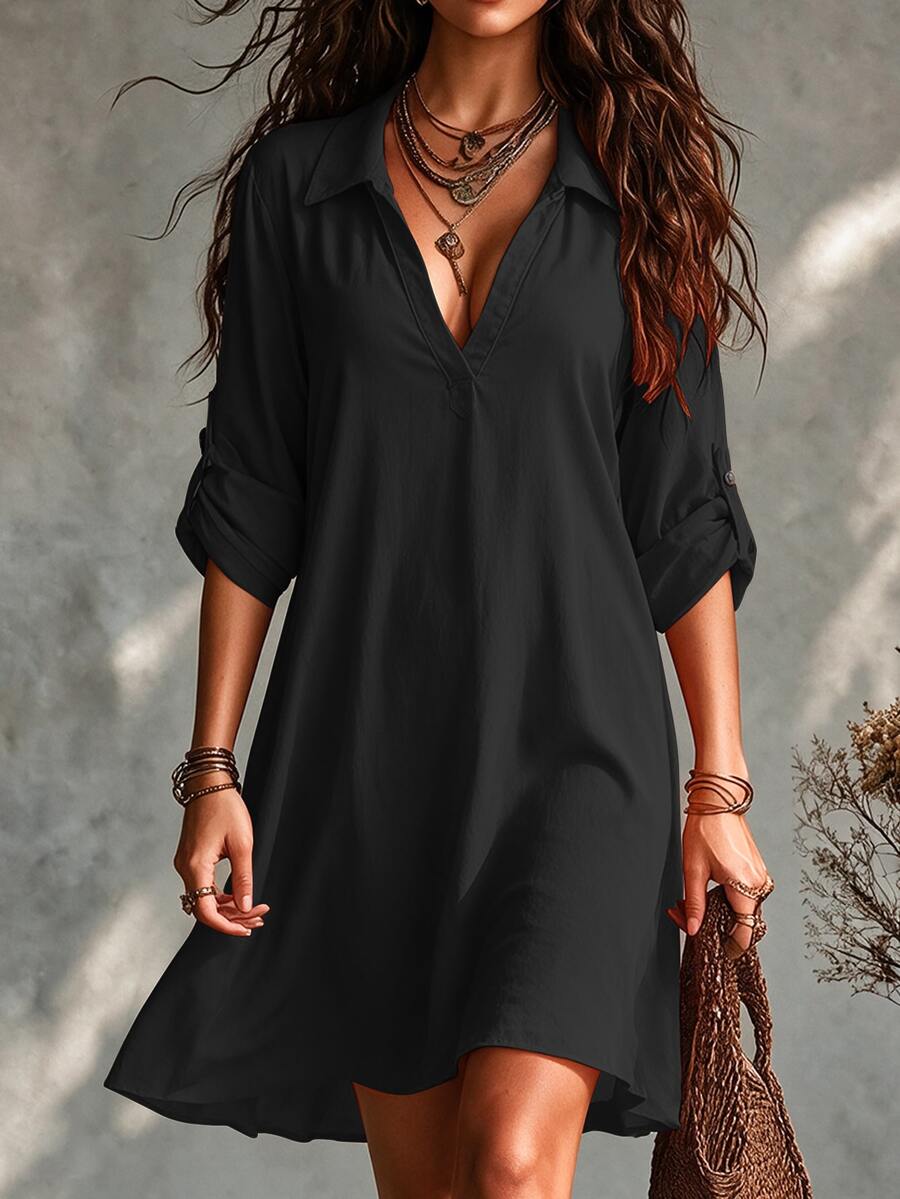 SHEIN Tall CURVE 大码女式法式休闲V领短袖夏季连衣裙 - 黑色 - 查看 1