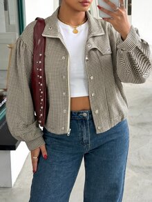 Muchica Plus Size Fashion Plaid Zipper Button Long Sleeve Jacket Teachers' Day Back-To-School Office Work Autumn Casual Fall - Green - View 4