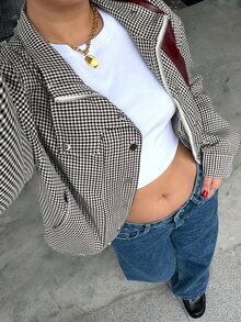 Muchica Plus Size Fashion Plaid Zipper Button Long Sleeve Jacket Teachers' Day Back-To-School Office Work Autumn Casual Fall - Green - View 6