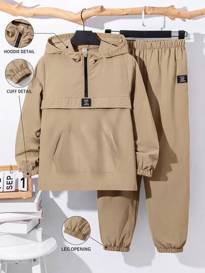 2pcs Teen Boy Teen Boy Half-Zip Hooded Jacket & Jogger Pants Set, Khaki, Suitable For Autumn/Winter, School, Family Gathering, Back To School, Sports, Play, Birthday Party, Photo, Vacation, Holiday