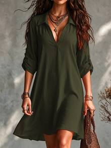 SHEIN Tall CURVE 大码女式法式休闲V领短袖夏季连衣裙 - 軍綠色 - 查看 1