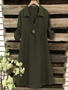 SHEIN Tall CURVE 大码女式法式休闲V领短袖夏季连衣裙 - 軍綠色 - 查看 4