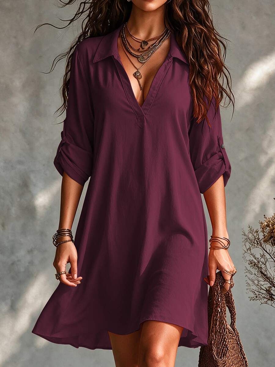 SHEIN Tall CURVE Plus Size Women's French Style Boho Casual V-Collared Dress Burgundy Summer Smart Casual Hiking Date Night Formal Winery Short Sleeve