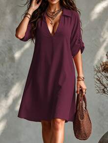 SHEIN Tall CURVE Plus Size Women's French Style Boho Casual V-Collared Dress Burgundy Summer Smart Casual Hiking Date Night Formal Winery Short Sleeve - Red Violet - View 4