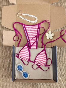 SHEIN Swim 女士超细三角条纹印花挂脖比基尼套装 - 玫紅色 - 查看 1