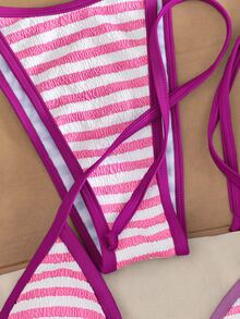 SHEIN Swim 女士超细三角条纹印花挂脖比基尼套装 - 玫紅色 - 查看 4