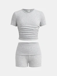 SHEIN Tween Girl Knitted Casual Solid Gray Crew Neck Pullover + Gray Shorts Set, Summer Outfit, Basic Style, Casual Style, Sporty Style - Grey - View 5