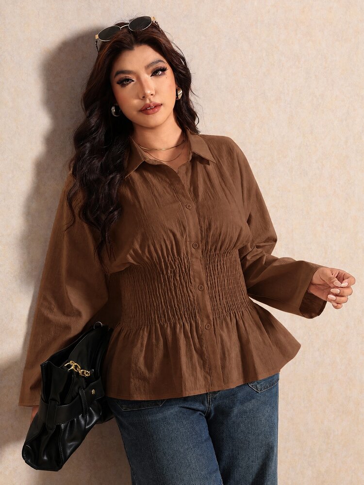 Elaquor Plus Size Elegant Casual 1960s 1920 Vintage Ruched Waist Button Long Sleeve Blouse Fall Thanksgiving Office Formal Brown - Coffee Brown - View 5