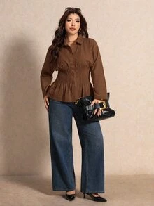 Elaquor 大尺碼優雅休閒 1960s 1920s 復古抓皺腰部鈕扣長袖襯衫 秋季感恩節 辦公室正式穿搭 棕色 - 咖啡棕 - 查看 3