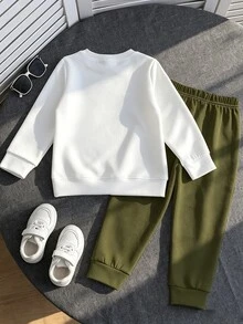 1套男嬰春秋新款長袖圓領運動衫與長褲2件套休閒服飾，時尚休閒百搭，風格帥氣，適合日常穿著、上學、節日禮物，拍照效果佳，多場景適用，輕鬆打造精緻童裝造型，多穿搭設計滿足各種造型需求，多款印花設計耐穿 - 彩色 - 查看 2