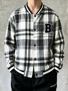男童休閒大學字母刺繡補丁格紋棒球夾克，柔軟舒適面料，百搭版型，適合休閒、運動、校園穿搭、街頭外出、派對與日常穿著 - 彩色 - 查看 7