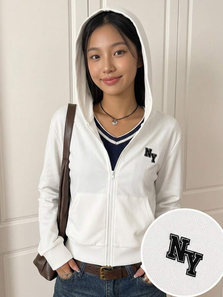Kids Teen Girls Sweatshirts Autumn/Winter Streetwear Casual White Solid Color Knit Small Logo Zip-Up Hooded Slim Fit Birthday Sixth Form Thicken - White - View 1