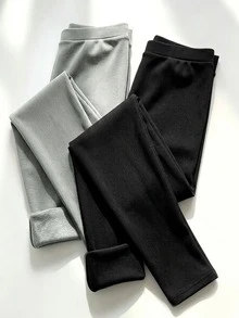 Franclia Women's Elastic Waist Thermal Lined Casual Versatile Long Pants - Black - View 2
