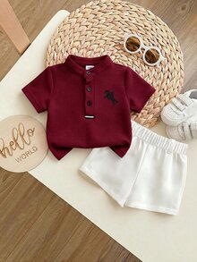 Set Baju Bayi Laki-laki Baru Lahir Lucu Gaya Kolese, Atasan Rajut Lengan Pendek Merah dan Celana Pendek Pinggang Elastis - Burgundy - View 3