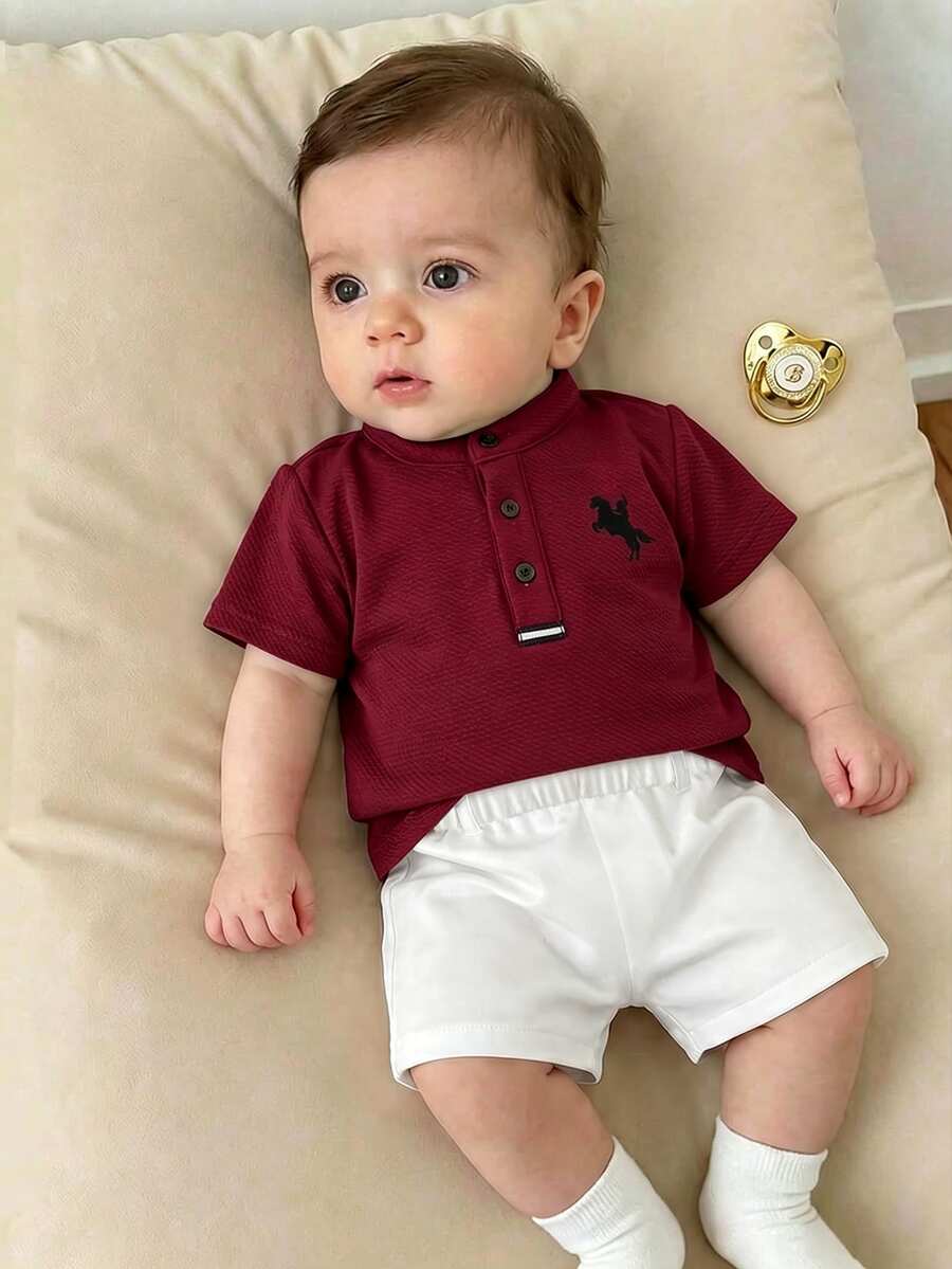 Set Baju Bayi Laki-laki Baru Lahir Lucu Gaya Kolese, Atasan Rajut Lengan Pendek Merah dan Celana Pendek Pinggang Elastis - Burgundy - View 1