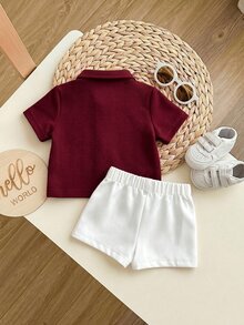 Set Baju Bayi Laki-laki Baru Lahir Lucu Gaya Kolese, Atasan Rajut Lengan Pendek Merah dan Celana Pendek Pinggang Elastis - Burgundy - View 2