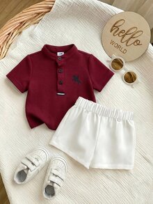 Set Baju Bayi Laki-laki Baru Lahir Lucu Gaya Kolese, Atasan Rajut Lengan Pendek Merah dan Celana Pendek Pinggang Elastis - Burgundy - View 6