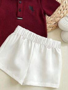 Set Baju Bayi Laki-laki Baru Lahir Lucu Gaya Kolese, Atasan Rajut Lengan Pendek Merah dan Celana Pendek Pinggang Elastis - Burgundy - View 5