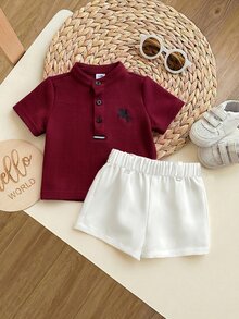 Set Baju Bayi Laki-laki Baru Lahir Lucu Gaya Kolese, Atasan Rajut Lengan Pendek Merah dan Celana Pendek Pinggang Elastis - Burgundy - View 4