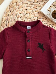 Set Baju Bayi Laki-laki Baru Lahir Lucu Gaya Kolese, Atasan Rajut Lengan Pendek Merah dan Celana Pendek Pinggang Elastis - Burgundy - View 7