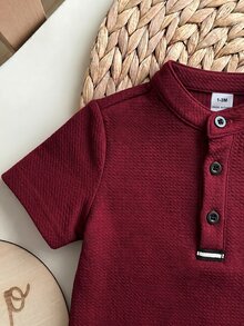 Set Baju Bayi Laki-laki Baru Lahir Lucu Gaya Kolese, Atasan Rajut Lengan Pendek Merah dan Celana Pendek Pinggang Elastis - Burgundy - View 8