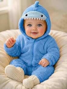 SHEIN Cute Animal-Patterned Plush Rompers For Baby Boys, Perfect For Autumn And Winter. - Baby Blue - View 1