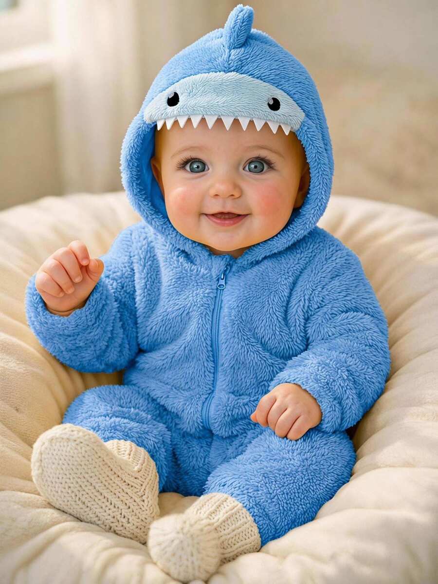SHEIN Cute Animal-Patterned Plush Rompers For Baby Boys, Perfect For Autumn And Winter. - Baby Blue - View 1