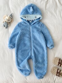 SHEIN Cute Animal-Patterned Plush Rompers For Baby Boys, Perfect For Autumn And Winter. - Baby Blue - View 6