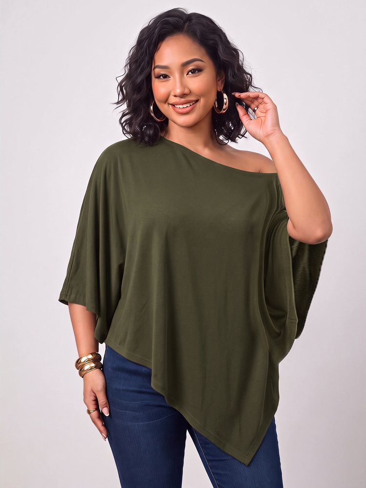 Enliva Plus-Size Knitted One-Shoulder Asymmetrical Pleated Cape Top - Army Green - View 3
