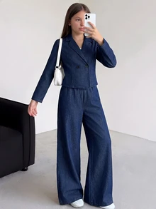 SHEIN 2件組 Y2K 時尚青少年女孩深藍色牛仔休閒套裝與寬鬆牛仔褲套裝，適合女童上學穿著 - 藍色 - 查看 4